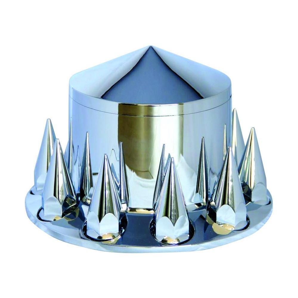 Fortpro Chrome Front/Rear Cone Style Axle Cover Kit w/33 mm Thread-On Spike Nuts Covers for Semi Trucks | F247510
