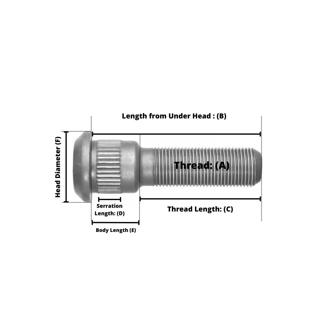 Metric Serrated Drive Wheel Studs  M22 x 1.5 THD 0.975" B.D. x 5 3/32" Length - Replaces E8980 - 10 Pack