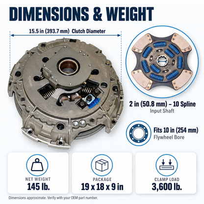 Road Choice CLU10893551 EZ Pedal clutch dimensions: 15.5 x 2 in, 2 in 10 spline input shaft, 145 lb net weight