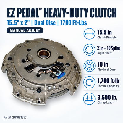 Road Choice CLU10893551 EZ Pedal clutch key specs: 1,700 ft-lb torque, 2 in 10 spline input shaft, 10 in flywheel bore