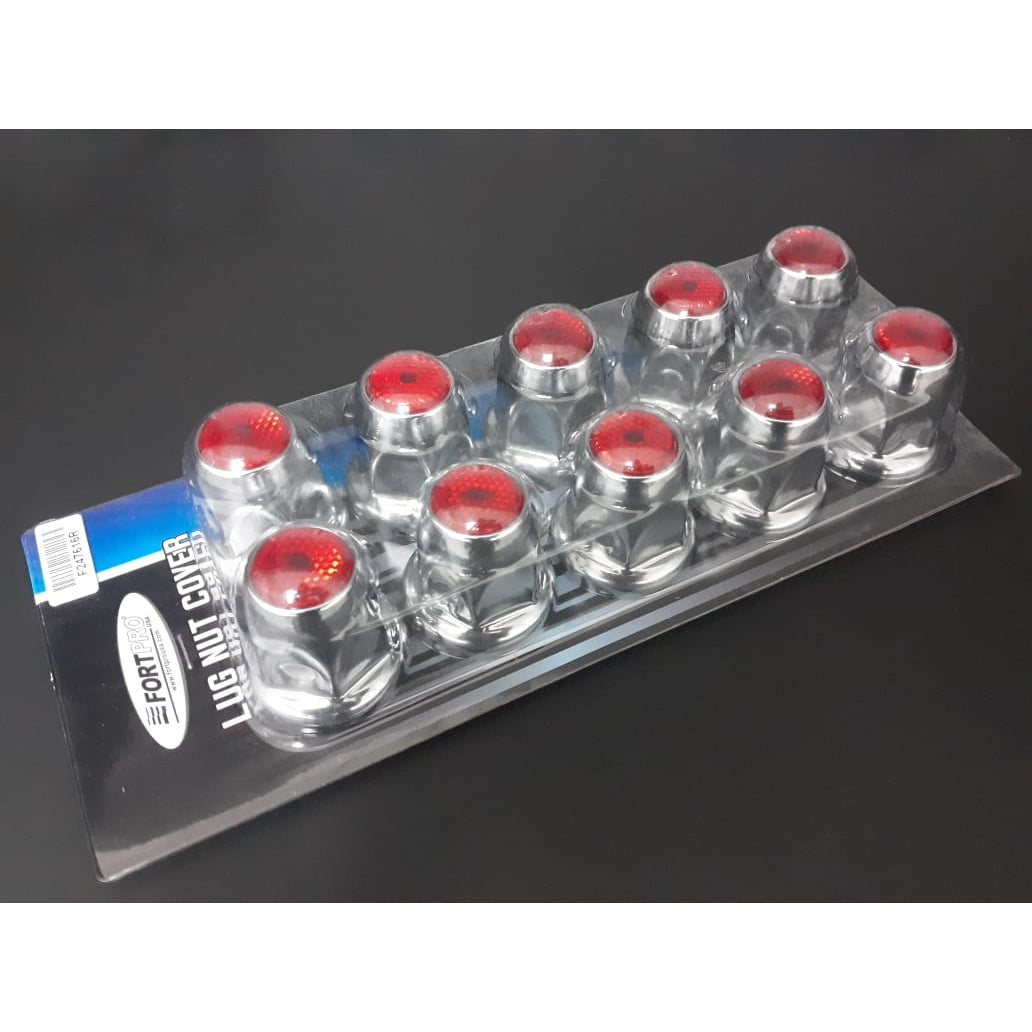 Fortpro 33mm x 2 1/8" Chrome Push-On Nuts Covers with Red Top Reflector - 10 Pack | F247616-R-10QTY