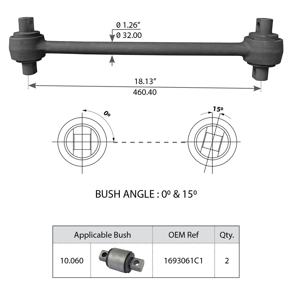Torque Rod with Bushing for International-Navistar - Replaces 493920C2
