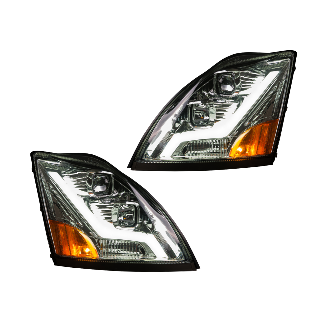 Chrome Housing Headlights Set w/LED Light Bar for Volvo VN/VNL - Both Sides